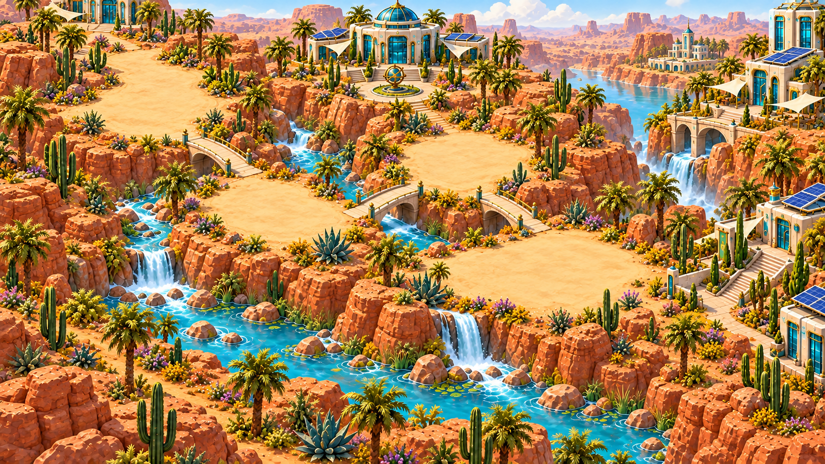 Illustrated desert campaign landscape with sandstone and a winding route
