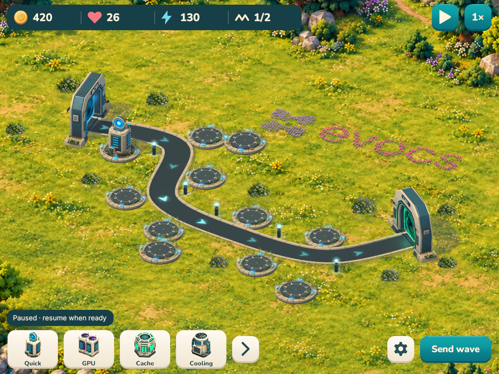 Critical Load gameplay with tower foundations, glowing routes and a landscaped campus