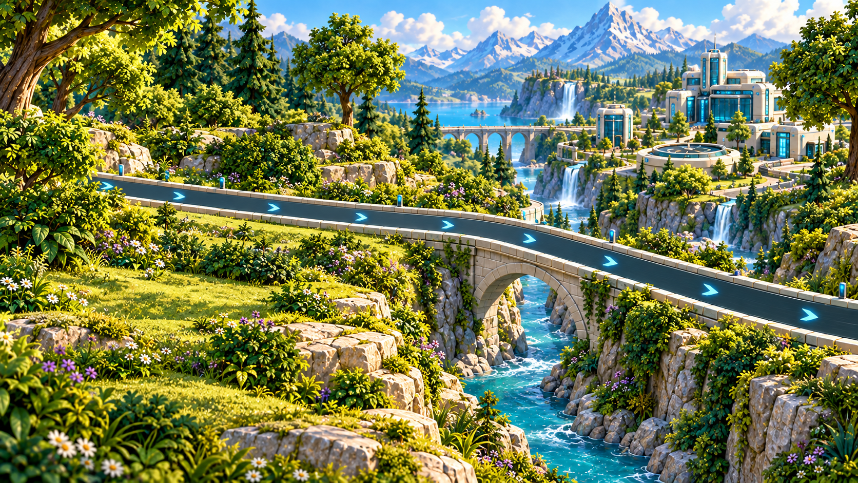 A sunlit technology campus nestled among forests, waterfalls and mountain peaks